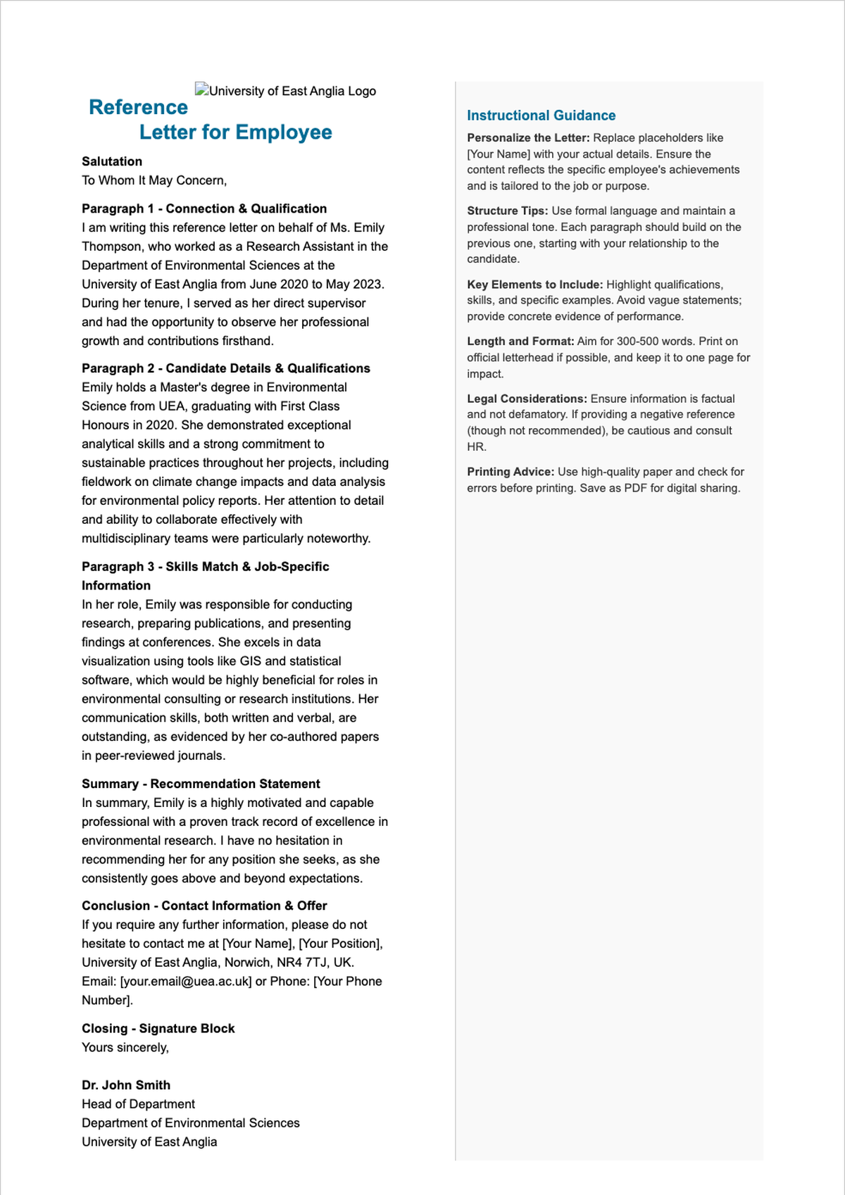 University of East Anglia reference letter template with structured sections and formatting guide_variant_2